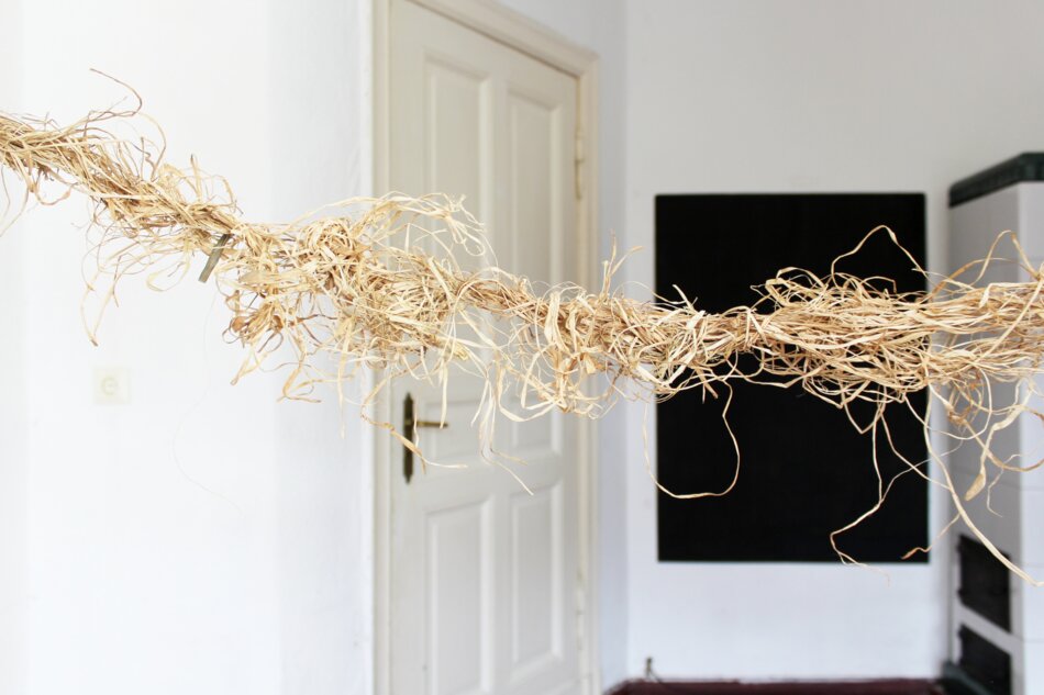 A close-up detail of a raffia artwork hanging in a room with white walls,
							 a wooden door, a black chalkboard, and a white stove. The raffia is arranged in a loose, flowing manner, creating a sense of movement and texture.